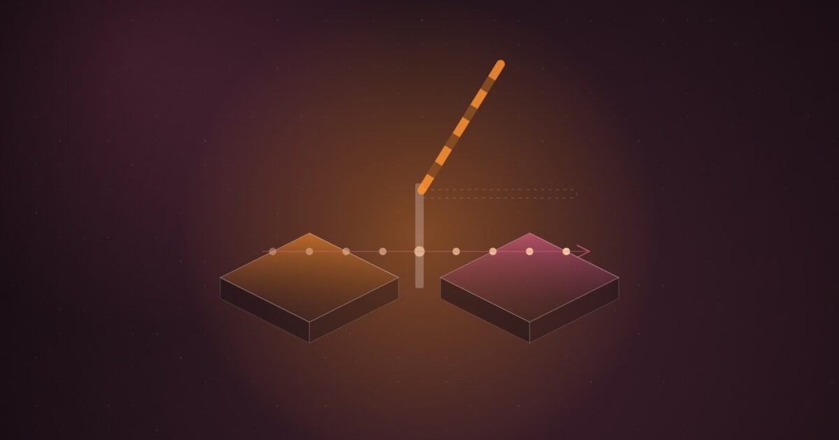 Abstract illustration of a raised barrier bar between two isometric platforms, with a line of glowing dots passing beneath it from left to right, on a dark burgundy gradient
