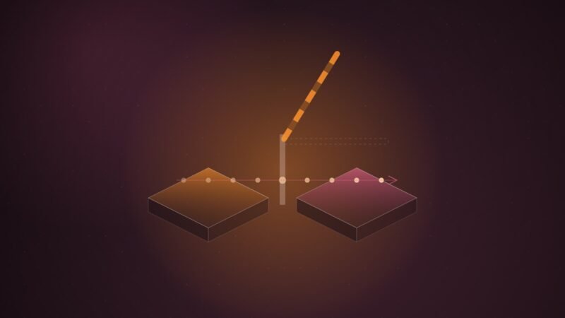 Abstract illustration of a raised barrier bar between two isometric platforms, with a line of glowing dots passing beneath it from left to right, on a dark burgundy gradient