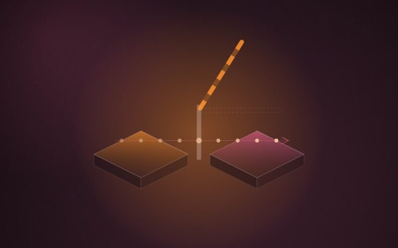 Abstract illustration of a raised barrier bar between two isometric platforms, with a line of glowing dots passing beneath it from left to right, on a dark burgundy gradient