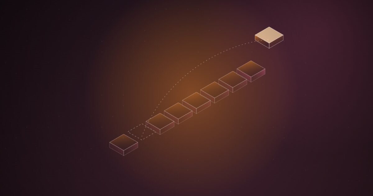 Abstract illustration of a diagonal row of isometric tiles with one empty dashed slot and a single bright tile lifted far ahead, joined by a dotted arc, on a dark plum gradient