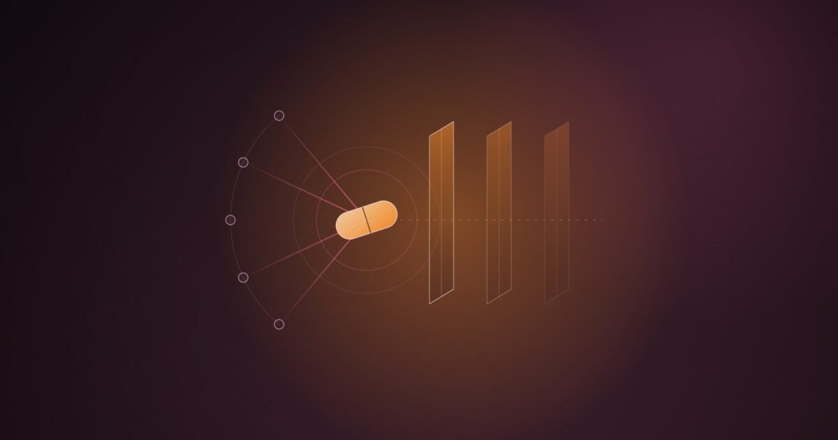 Abstract illustration of five converging scan lines meeting a capsule shape that passes through three stacked translucent gates on a dark plum background