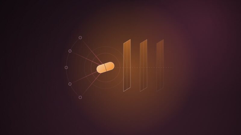 Abstract illustration of five converging scan lines meeting a capsule shape that passes through three stacked translucent gates on a dark plum background