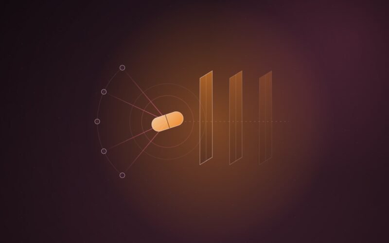 Abstract illustration of five converging scan lines meeting a capsule shape that passes through three stacked translucent gates on a dark plum background