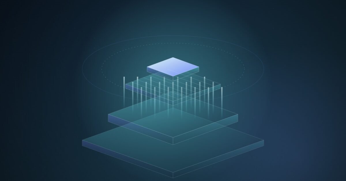 Abstract illustration of stacked isometric layers in teal and blue, with columns of light rising vertically from a power plate into a glowing chip at the top