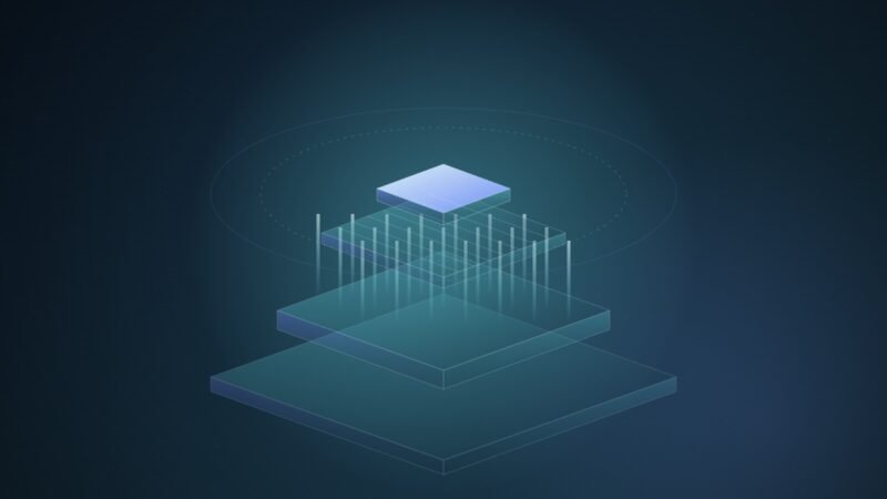 Abstract illustration of stacked isometric layers in teal and blue, with columns of light rising vertically from a power plate into a glowing chip at the top