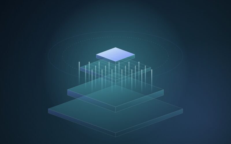 Abstract illustration of stacked isometric layers in teal and blue, with columns of light rising vertically from a power plate into a glowing chip at the top