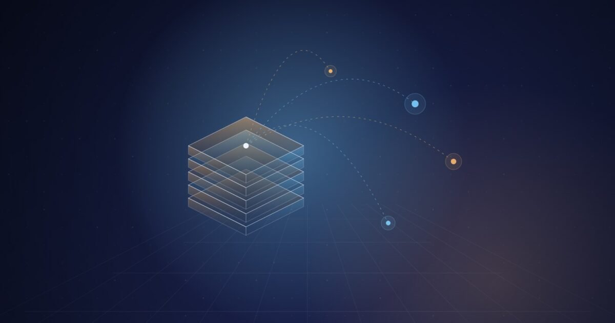Abstract illustration of a glowing isometric stack of translucent slabs with dashed blue and amber arcs reaching out to distant points of light, over a dark navy perspective grid