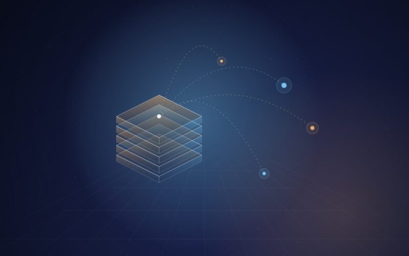 Abstract illustration of a glowing isometric stack of translucent slabs with dashed blue and amber arcs reaching out to distant points of light, over a dark navy perspective grid