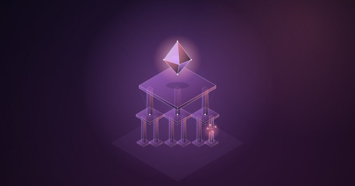 Abstract illustration: a glowing gem held up on a platform of pillars, one of them cracked