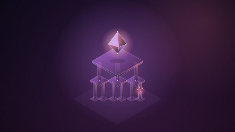 Abstract illustration: a glowing gem held up on a platform of pillars, one of them cracked