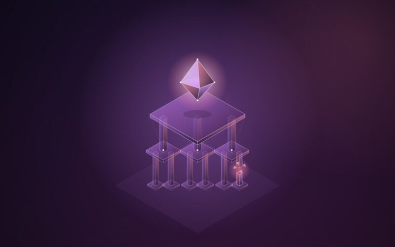 Abstract illustration: a glowing gem held up on a platform of pillars, one of them cracked