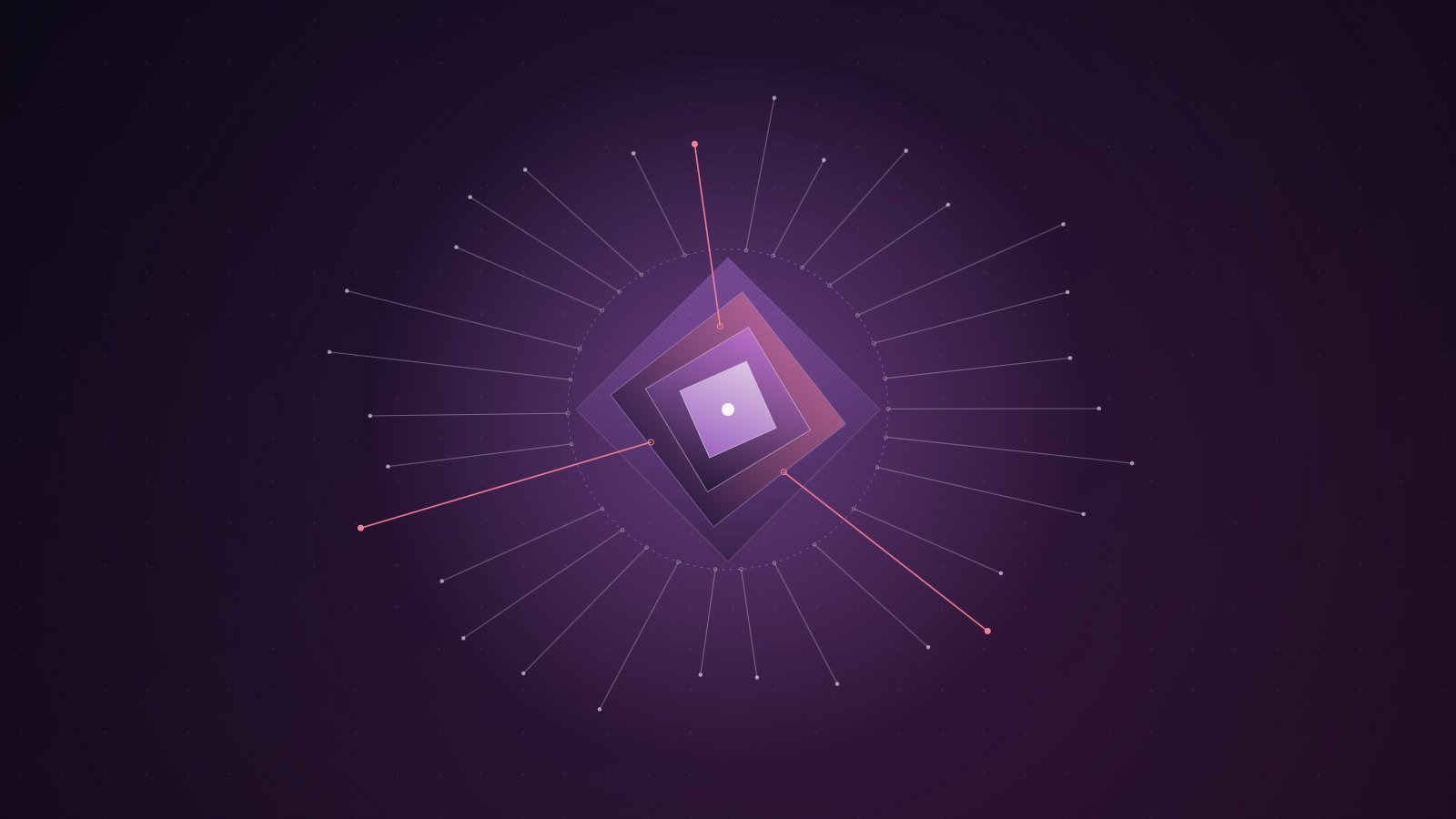 A layered square core sits inside a dashed ring as dozens of fine probe lines converge on it from every direction; three highlighted pink probes reach past the ring into the core.