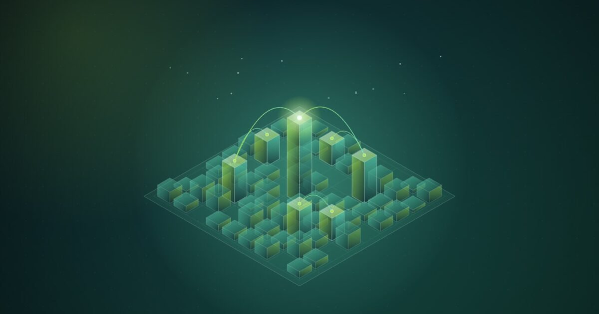 Abstract illustration: a grid of columns with branches arcing out from one tall base column