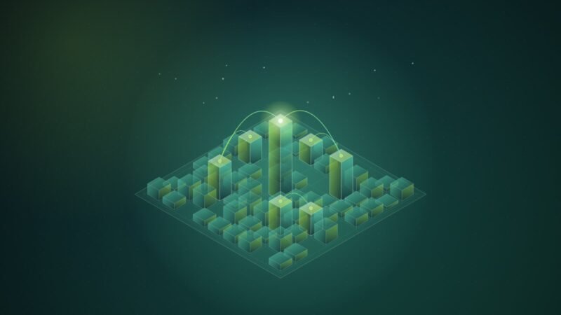 Abstract illustration: a grid of columns with branches arcing out from one tall base column