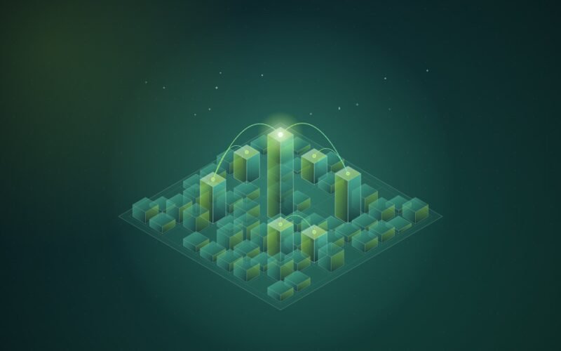 Abstract illustration: a grid of columns with branches arcing out from one tall base column