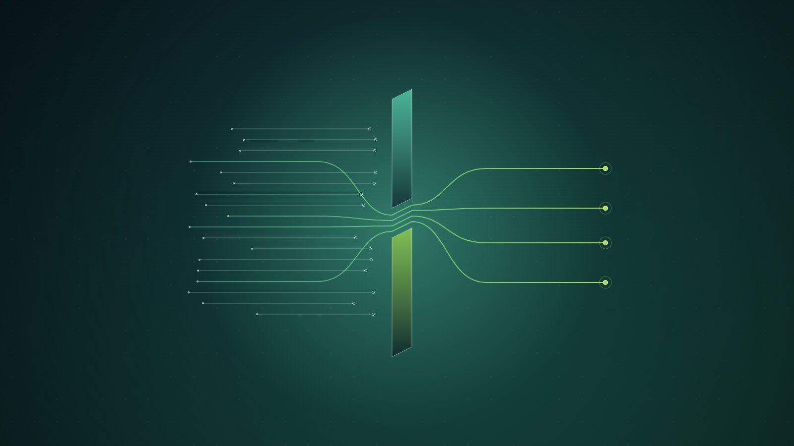 Many thin horizontal lines run toward a narrow gate between two tall green panels; most stop short, and only four pass through the gap and continue to bright end points.