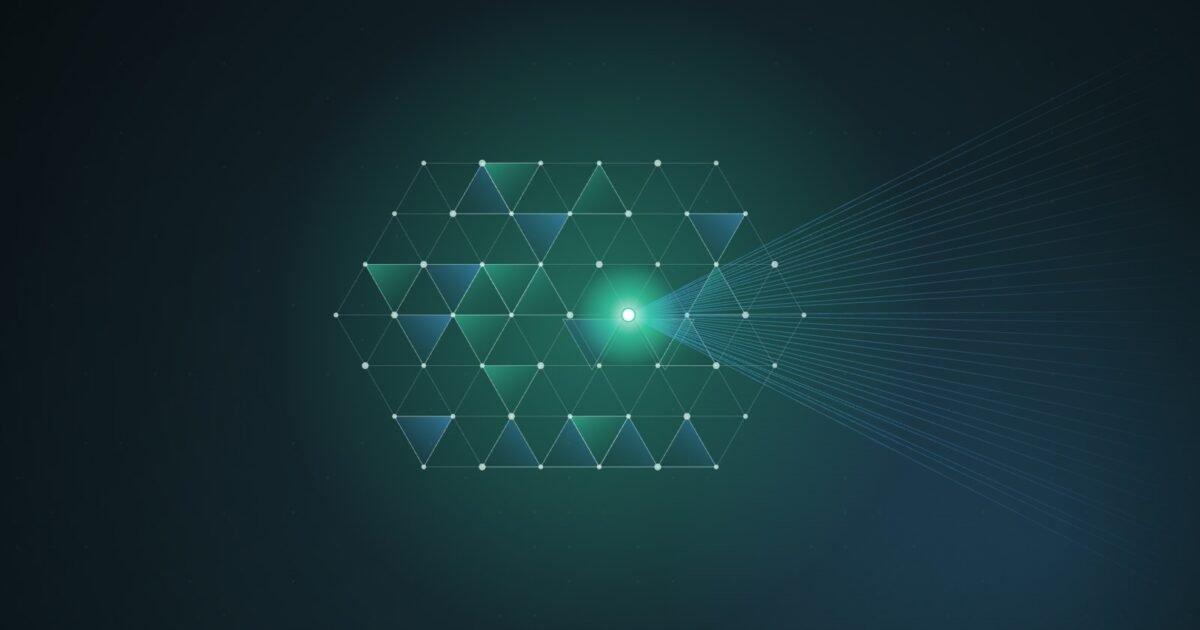 Abstract illustration of a teal triangular lattice of connected nodes, with dozens of thin blue lines converging from the right onto one glowing node where nearby cells are knocked out of place