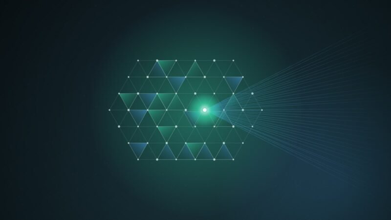Abstract illustration of a teal triangular lattice of connected nodes, with dozens of thin blue lines converging from the right onto one glowing node where nearby cells are knocked out of place