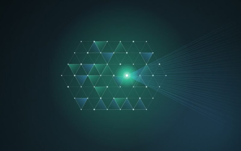 Abstract illustration of a teal triangular lattice of connected nodes, with dozens of thin blue lines converging from the right onto one glowing node where nearby cells are knocked out of place