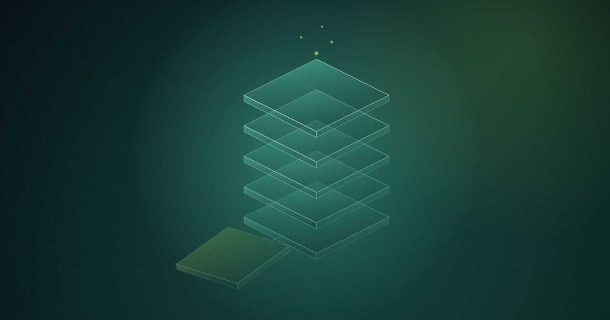 Abstract illustration of a stack of glowing teal panes where the lowest layer breaks off and drifts away from the rising column above it, on a dark green field