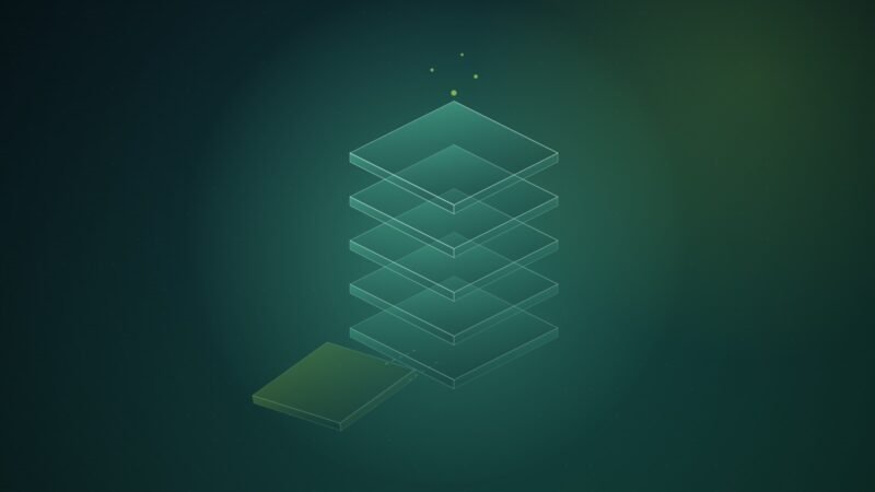 Abstract illustration of a stack of glowing teal panes where the lowest layer breaks off and drifts away from the rising column above it, on a dark green field