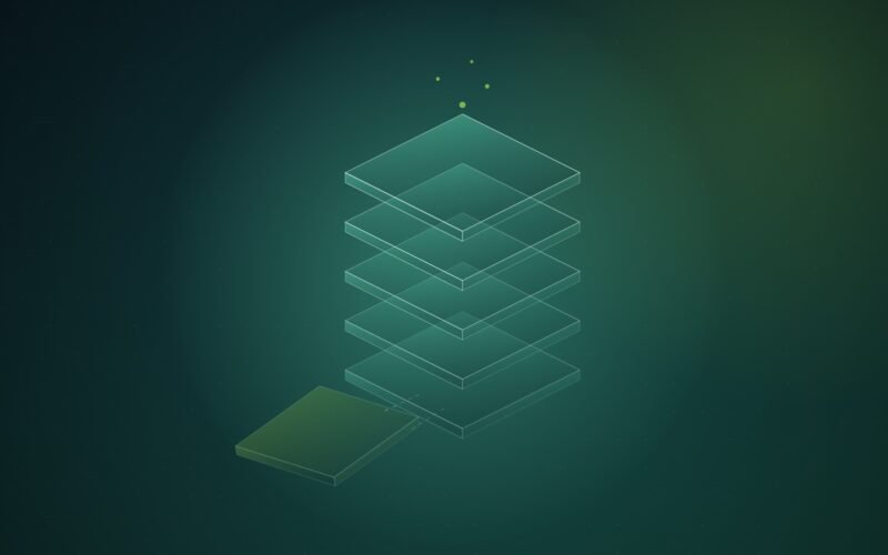Abstract illustration of a stack of glowing teal panes where the lowest layer breaks off and drifts away from the rising column above it, on a dark green field