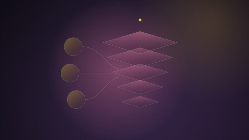 Abstract illustration of three separate circles linked by curved lines into one column of five stacked diamond tiers, on a dusky purple background