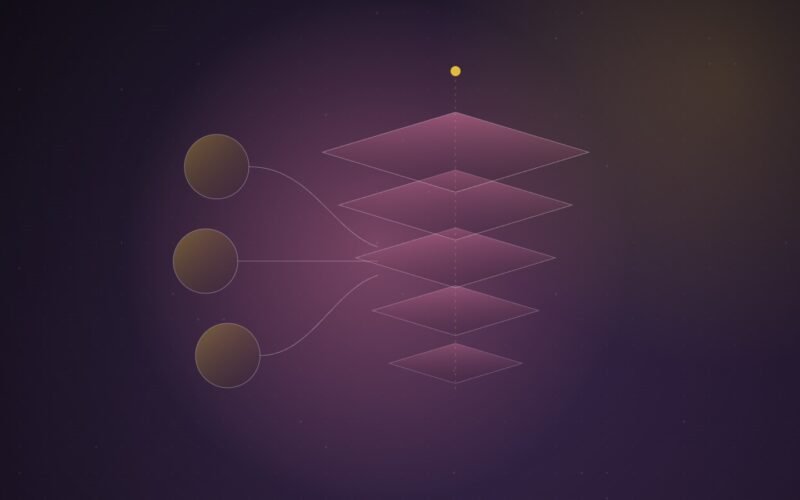 Abstract illustration of three separate circles linked by curved lines into one column of five stacked diamond tiers, on a dusky purple background